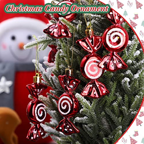 Threan 12 Pieces Christmas Candy Ornaments Hanging Glitter Candy Cane Ornaments Christmas Tree Candy Peppermint Ornaments with Golden Ropes for Xmas Party Home Decorations (Red)