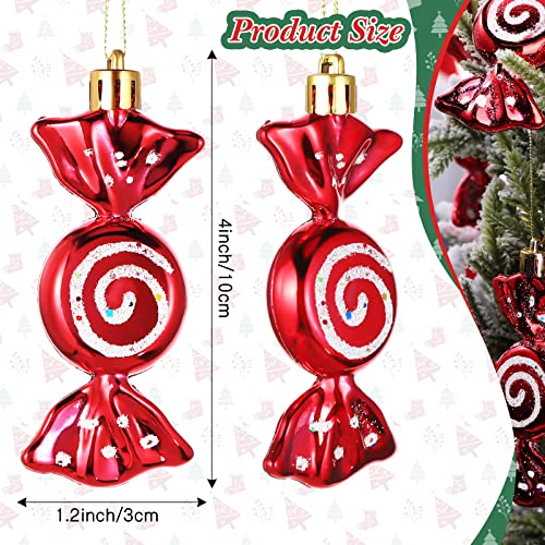 Threan 12 Pieces Christmas Candy Ornaments Hanging Glitter Candy Cane Ornaments Christmas Tree Candy Peppermint Ornaments with Golden Ropes for Xmas Party Home Decorations (Red)