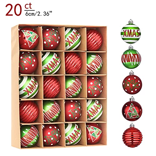 Valery Madelyn 20pcs 6cm Shatterproof Christmas Baubles, Classic Collection Red White and Green Christmas Ball Ornaments for Christmas Tree Decoration