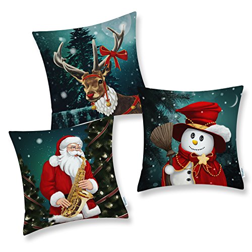Set of 3 CaliTime Throw Pillow Covers 45cm X 45cm, Christmas Holidays Print, Snowman Reindeer Santa Clause Combo Set