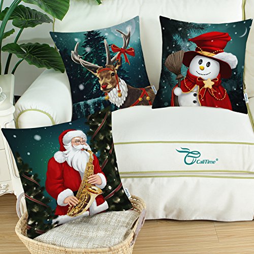 Set of 3 CaliTime Throw Pillow Covers 45cm X 45cm, Christmas Holidays Print, Snowman Reindeer Santa Clause Combo Set