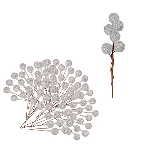 Mienocol 100pcs Christmas Artificial Frosted Fruit Berry,1.4cm Silver Artificial Berry Twig Stem Berry Fruits Picks Winter Berries Bunch for Christmas Wreath Making Xmas Tree Decorations Supplies