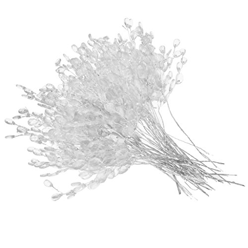 15cm 50pcs Artificial Flower Stem With Crystal Acrylic Beads Water Drop Flower picks Crystal Diamante Flower Branches Home Wedding Decor - White, 15cm