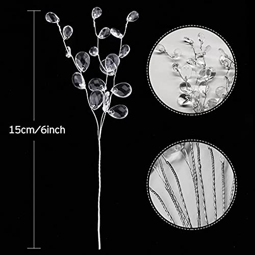 15cm 50pcs Artificial Flower Stem With Crystal Acrylic Beads Water Drop Flower picks Crystal Diamante Flower Branches Home Wedding Decor - White, 15cm