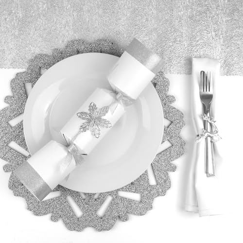 Exquisite Collection Box of 6 Premium Silver Snowflake Christmas Crackers 13.5" Wide 