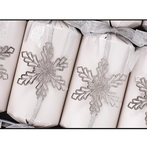 Exquisite Collection Box of 6 Premium Silver Snowflake Christmas Crackers 13.5" Wide 