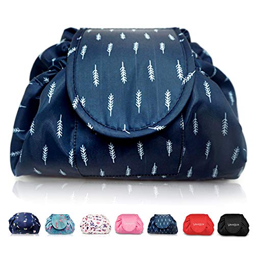 Lazy Drawstring Make up Bag Portable Large Travel Cosmetic Bag Pouch Travel Makeup Pouch Storage Organiser for Women Girl (Feather)
