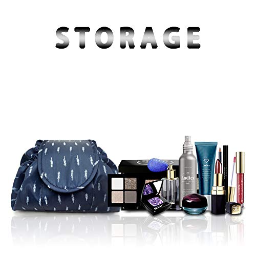 Lazy Drawstring Make up Bag Portable Large Travel Cosmetic Bag Pouch Travel Makeup Pouch Storage Organiser for Women Girl (Feather)