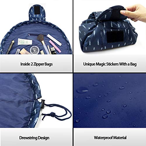 Lazy Drawstring Make up Bag Portable Large Travel Cosmetic Bag Pouch Travel Makeup Pouch Storage Organiser for Women Girl (Feather)