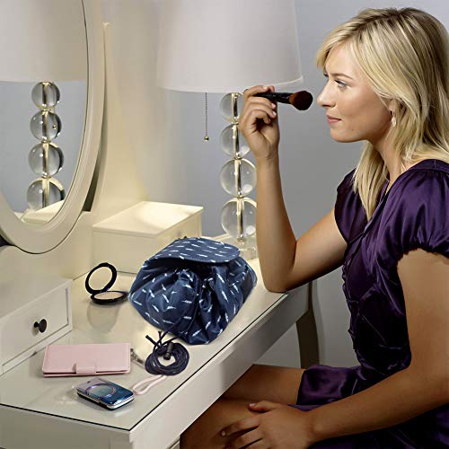 Lazy Drawstring Make up Bag Portable Large Travel Cosmetic Bag Pouch Travel Makeup Pouch Storage Organiser for Women Girl (Feather)