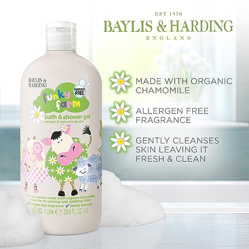 Baylis & Harding Funky Farm Kids Bathtime Bath and Shower Gel 1 Litre, (Pack of 4) - Vegan Friendly