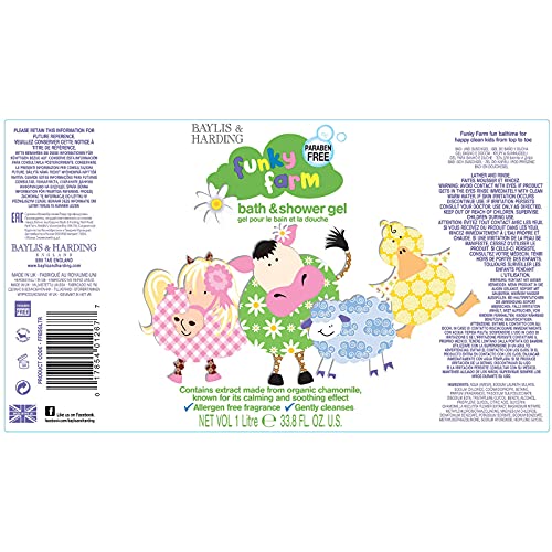 Baylis & Harding Funky Farm Kids Bathtime Bath and Shower Gel 1 Litre, (Pack of 4) - Vegan Friendly