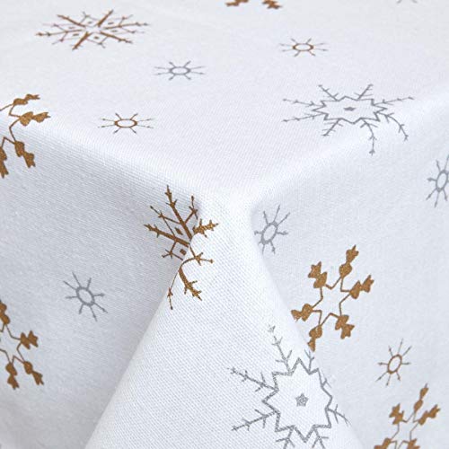 Christmas Snowflake Tablecloth - White/Gold - 100% Cotton, 54"x54