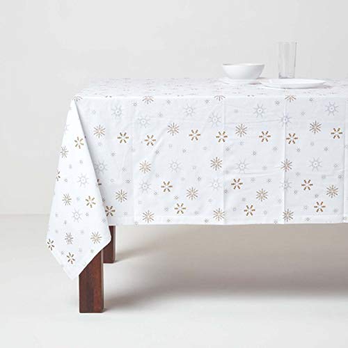 Christmas Snowflake Tablecloth - White/Gold - 100% Cotton, 54"x54
