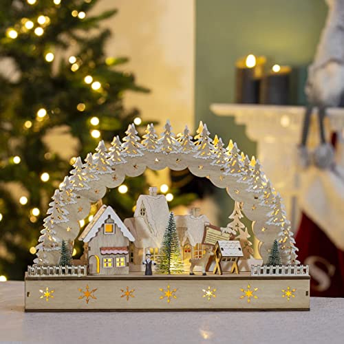 Wooden Christmas Village Scene with Warm White LEDs