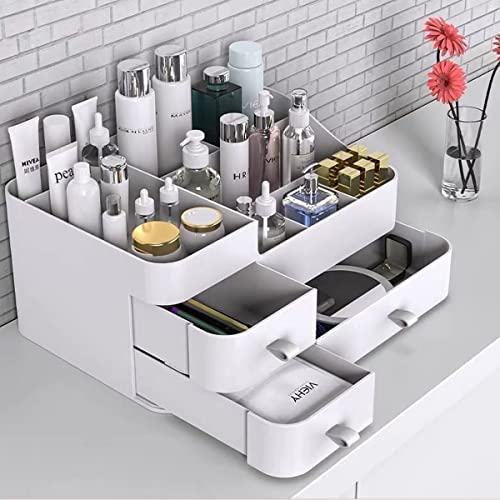 Queta Make-up-Organizer Large Cosmetic Storage Box with Capacity 8 Grids and 3 Drawers, Fits Jewelry, Brushes, Lipsticks, Creams, Stationries(13.4 x 6 x 8.7 inch)
