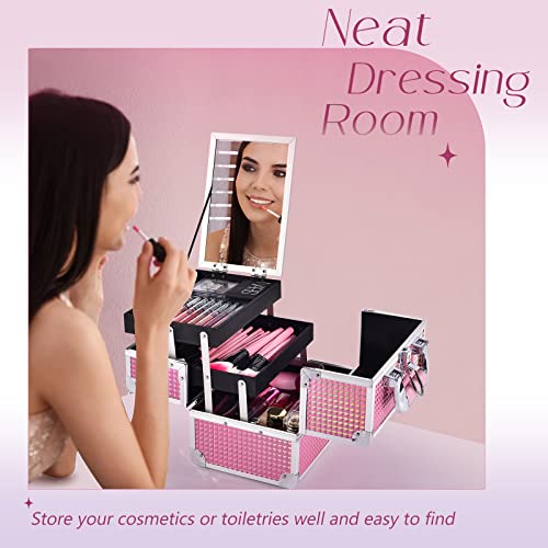 Joligrace Makeup Box Vanity Case Cosmetic Organiser Box Beauty Storage Train Case with Mirror, Lockable with Keys, Holographic Pink