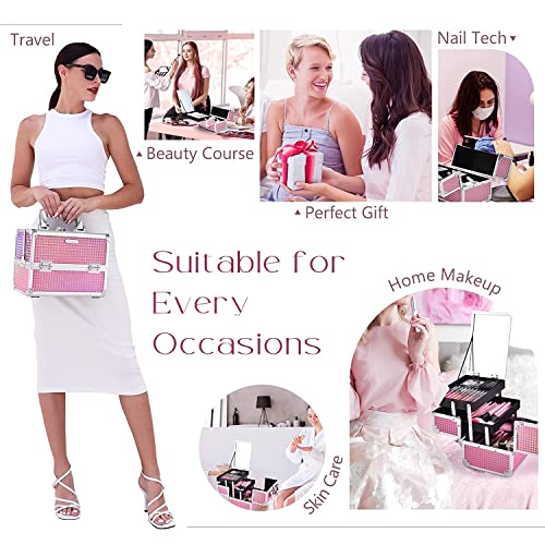Joligrace Makeup Box Vanity Case Cosmetic Organiser Box Beauty Storage Train Case with Mirror, Lockable with Keys, Holographic Pink