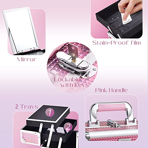 Joligrace Makeup Box Vanity Case Cosmetic Organiser Box Beauty Storage Train Case with Mirror, Lockable with Keys, Holographic Pink