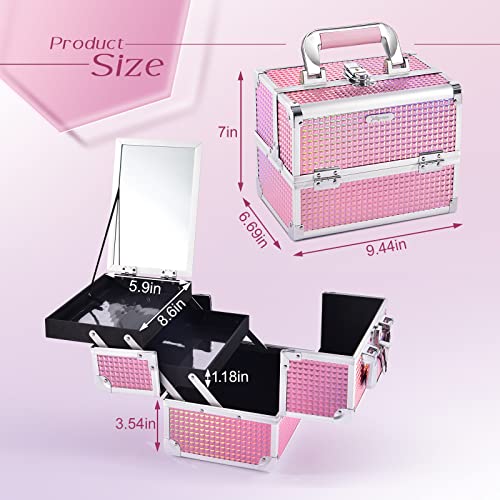 Joligrace Makeup Box Vanity Case Cosmetic Organiser Box Beauty Storage Train Case with Mirror, Lockable with Keys, Holographic Pink