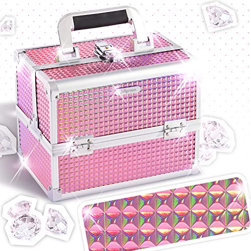 Joligrace Makeup Box Vanity Case Cosmetic Organiser Box Beauty Storage Train Case with Mirror, Lockable with Keys, Holographic Pink