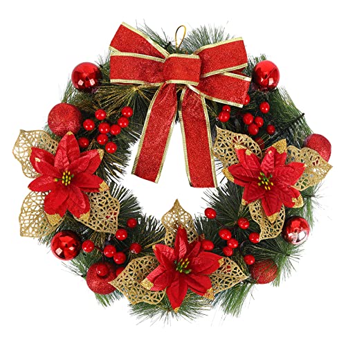 Gukasxi 15.7 Inch Christmas Wreath for Front Door, Artificial Christmas Hanging Wreath Garland with Red Xmas Ball Berries and Bow, Merry Christmas Wreath Xmas Indoor Outdoor Home Decorative Wreath