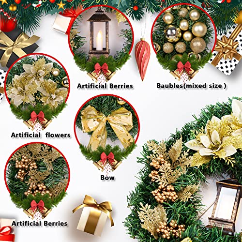 UPSINGK Christmas Wreaths, 16 Inch Door Wreaths with Hanger and Lantern,Baubles, Berries and Bows, Artificial Christmas Garland for Front Door Holiday Festival Indoor Outdoor Decor