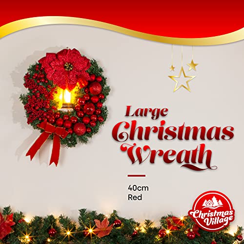 Christmas Village 40cm Holly Wreath With Bows, Baubles And Lantern – Perfect for Hanging on Wall, Door, Window, Conservatory - Festive Decoration Christmas, Holiday, Decor (Red)