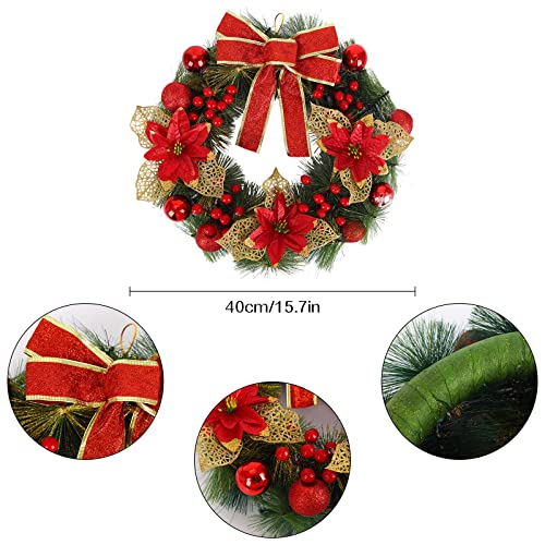 Gukasxi 15.7 Inch Christmas Wreath for Front Door, Artificial Christmas Hanging Wreath Garland with Red Xmas Ball Berries and Bow, Merry Christmas Wreath Xmas Indoor Outdoor Home Decorative Wreath