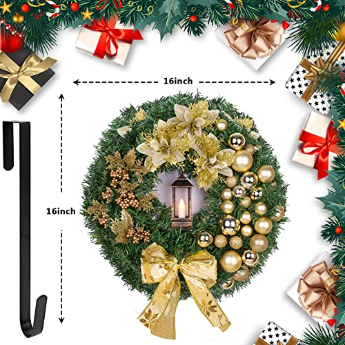 UPSINGK Christmas Wreaths, 16 Inch Door Wreaths with Hanger and Lantern,Baubles, Berries and Bows, Artificial Christmas Garland for Front Door Holiday Festival Indoor Outdoor Decor