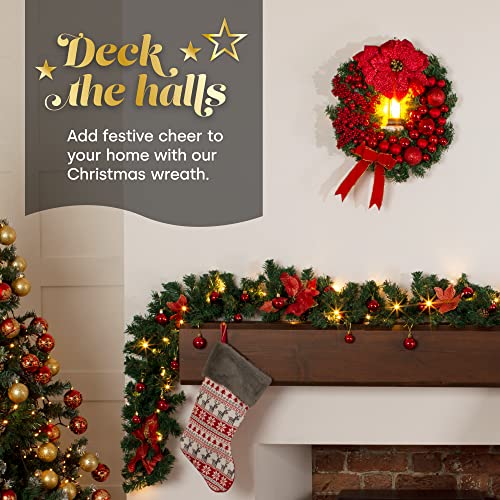 Christmas Village 40cm Holly Wreath With Bows, Baubles And Lantern – Perfect for Hanging on Wall, Door, Window, Conservatory - Festive Decoration Christmas, Holiday, Decor (Red)