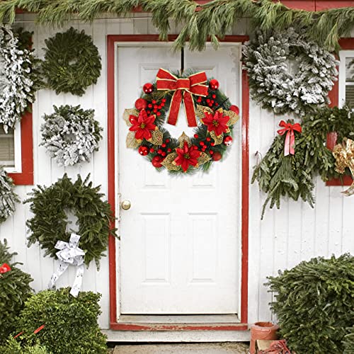 Gukasxi 15.7 Inch Christmas Wreath for Front Door, Artificial Christmas Hanging Wreath Garland with Red Xmas Ball Berries and Bow, Merry Christmas Wreath Xmas Indoor Outdoor Home Decorative Wreath