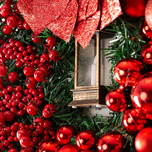 Christmas Village 40cm Holly Wreath With Bows, Baubles And Lantern – Perfect for Hanging on Wall, Door, Window, Conservatory - Festive Decoration Christmas, Holiday, Decor (Red)