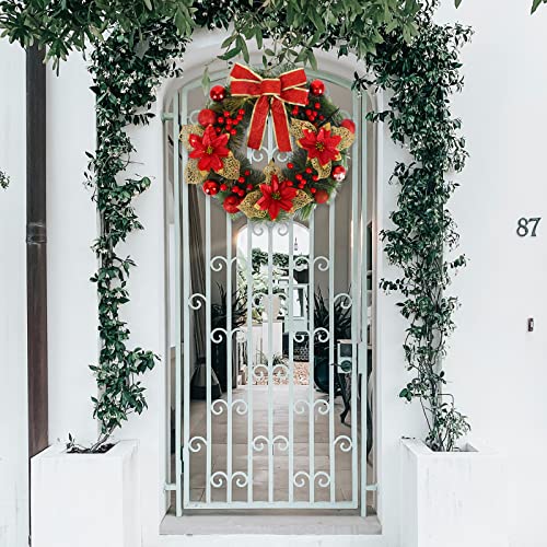 Gukasxi 15.7 Inch Christmas Wreath for Front Door, Artificial Christmas Hanging Wreath Garland with Red Xmas Ball Berries and Bow, Merry Christmas Wreath Xmas Indoor Outdoor Home Decorative Wreath