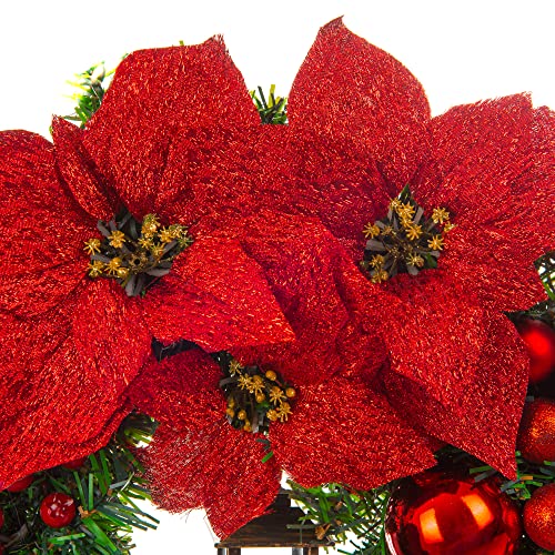 Christmas Village 40cm Holly Wreath With Bows, Baubles And Lantern – Perfect for Hanging on Wall, Door, Window, Conservatory - Festive Decoration Christmas, Holiday, Decor (Red)