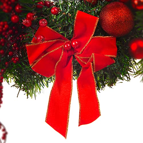 Christmas Village 40cm Holly Wreath With Bows, Baubles And Lantern – Perfect for Hanging on Wall, Door, Window, Conservatory - Festive Decoration Christmas, Holiday, Decor (Red)