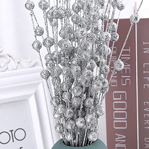lulalula 50 Pcs Xmas Glitter Berries Stems, 15.75 inch Fake Christmas Picks Glitter Sticks Artificial Red Berry Stems Tree Decorations, Crafts, Home Decor