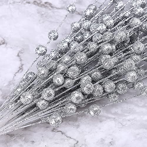 lulalula 50 Pcs Xmas Glitter Berries Stems, 15.75 inch Fake Christmas Picks Glitter Sticks Artificial Red Berry Stems Tree Decorations, Crafts, Home Decor