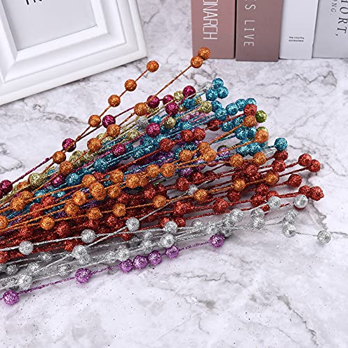 lulalula 50 Pcs Xmas Glitter Berries Stems, 15.75 inch Fake Christmas Picks Glitter Sticks Artificial Red Berry Stems Tree Decorations, Crafts, Home Decor