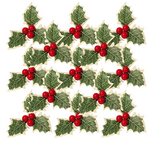 30pcs Christmas Simulation Holly Berries with Green Leaves,Artificial Holly Berry Green Leaves for Wedding Christmas Wreath Arrangement,Cake Toppers Craft Party Decorations,Artificial Red Fruit