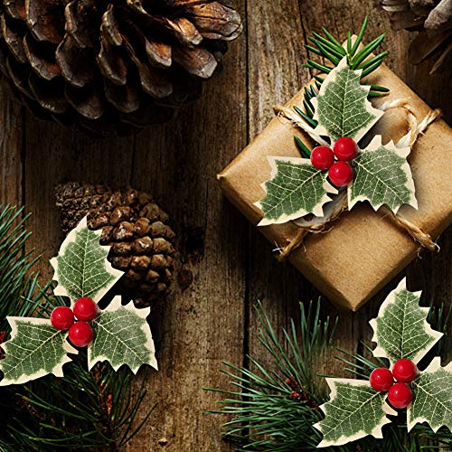 30pcs Christmas Simulation Holly Berries with Green Leaves,Artificial Holly Berry Green Leaves for Wedding Christmas Wreath Arrangement,Cake Toppers Craft Party Decorations,Artificial Red Fruit