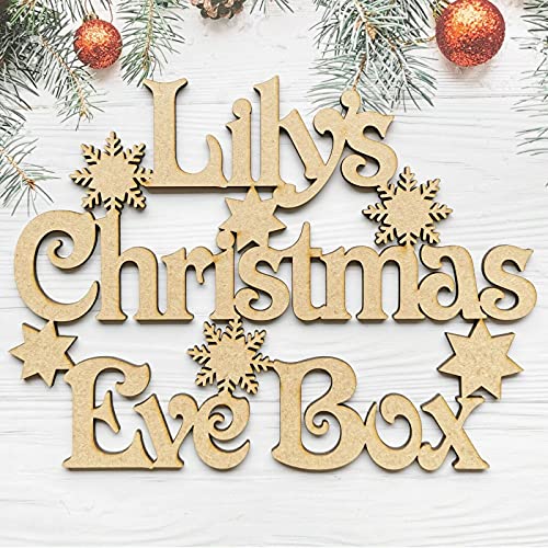 Fancy Crafts Personalised Christmas Eve Box Topper - ANY NAME CUSTOM Gift Box Decoration Craft Wall Door MDF Wood Xmas Gift, Brown, 170mm high (width depends on name)