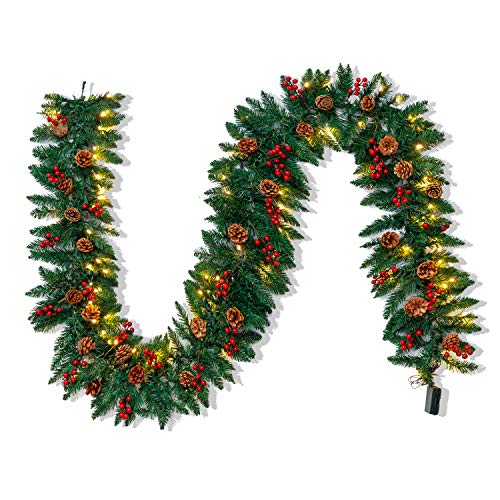 9 Foot by 10 Inch Artificial Christmas Garland Prelit with 100 LED Lights, 27 Pine Cones, 27 Red Berries
