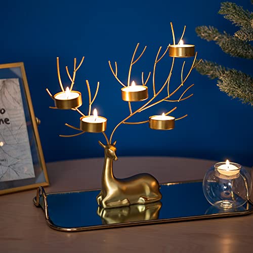 Sziqiqi Reindeer Animal Tealight Candle Holders, Metal Stag 5 Candle Tea Light Holders for Christmas Table Centerpiece Gold Decorative Deer Gift for Living Room Fireplace Mantle Table Ornament