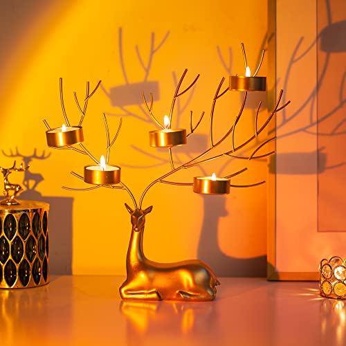 Sziqiqi Reindeer Animal Tealight Candle Holders, Metal Stag 5 Candle Tea Light Holders for Christmas Table Centerpiece Gold Decorative Deer Gift for Living Room Fireplace Mantle Table Ornament
