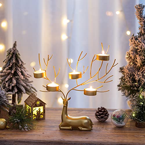 Sziqiqi Reindeer Animal Tealight Candle Holders, Metal Stag 5 Candle Tea Light Holders for Christmas Table Centerpiece Gold Decorative Deer Gift for Living Room Fireplace Mantle Table Ornament