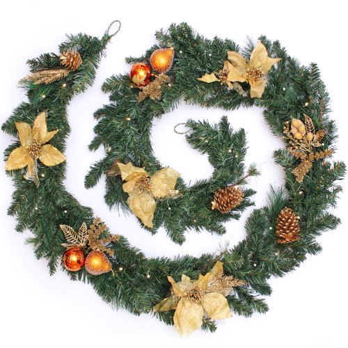 WeRChristmas Pre-Lit Decorated Garland Illuminated with 40 Warm White LED Lights, Copper/Gold, 9 feet