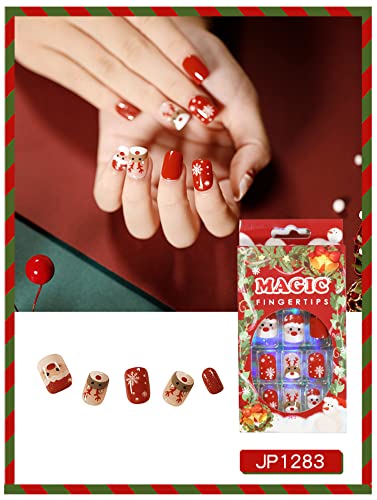 24 Pcs Christmas False Nails Short, Red Press on Nails with Snowman, Pretty Square Fake Nails Short with Nail Glue, Stick on Nails for Women, Festival Holiday Nails Fake Nail for Nails Art (01)
