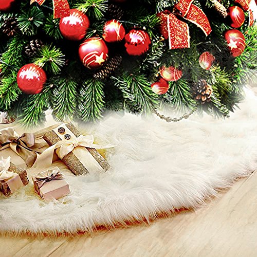 everso Faux Fur Christmas Tree Skirt with Round Trim Snow White Christmas Decorations Xmas Holiday Tree Skirts (90CM)