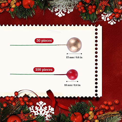 150 Pieces Christmas Artificial Holly Berries Red Gold Christmas Fake Berries Christmas Winter Artificial Fruit Berries Picks Xmas Holly Berry Decors on Wire Stems for Christmas Wreath Craft Making